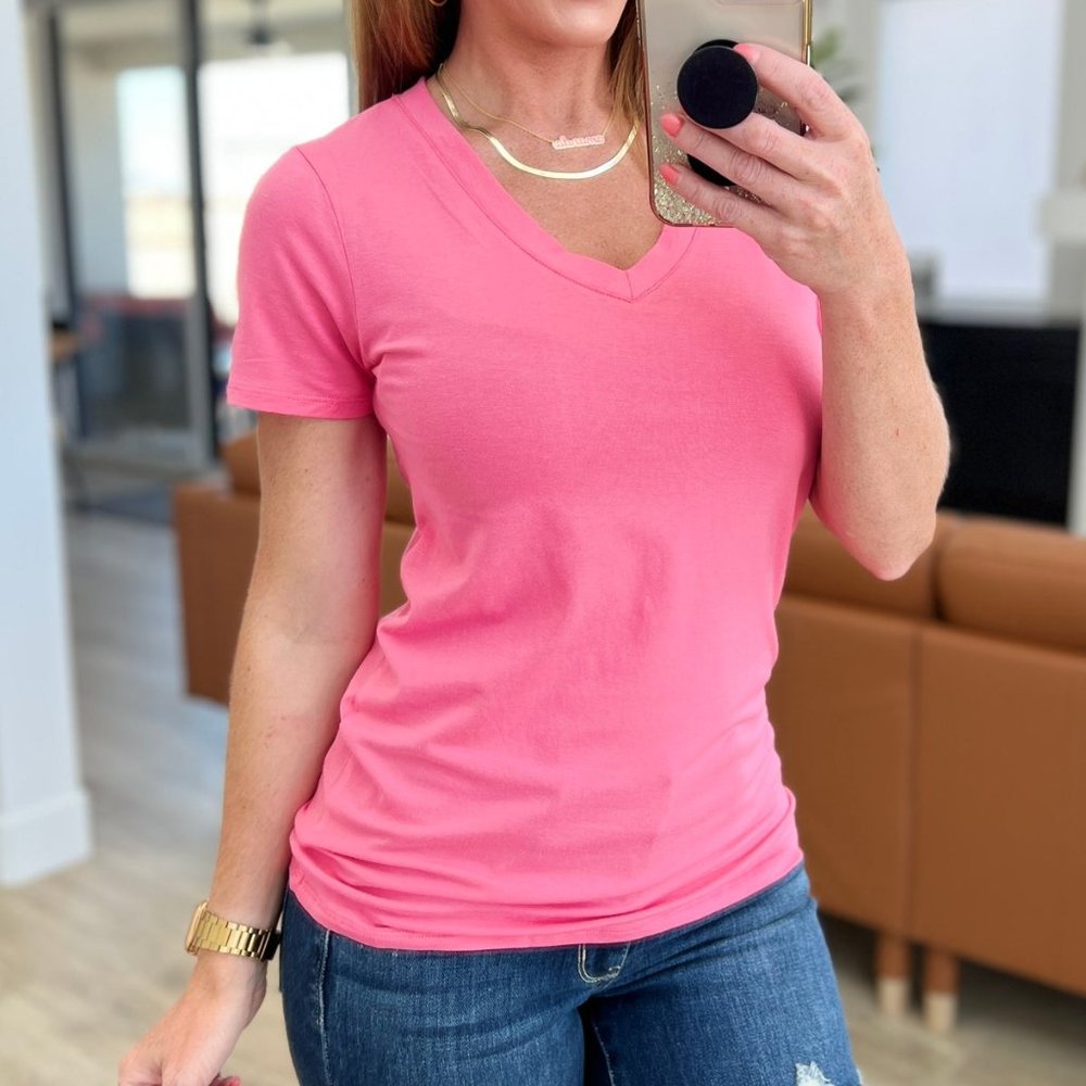 Culture Code - V-Neck Slim Short Sleeve Top In Pink - SHIPS IN 24 HOURS
